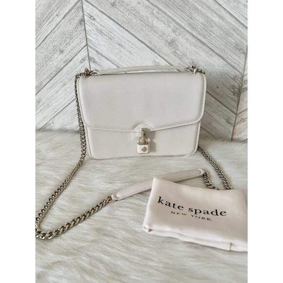 Kate Spade Locket Large Flap Crossbody Bag White Pebbled Leather Chain Strap NWT - Picture 6 of 8